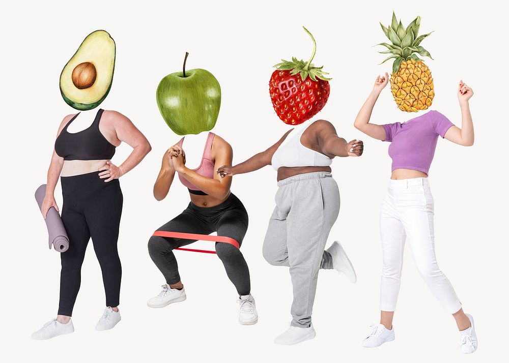 Fruit head people, health, wellness remixed media psd