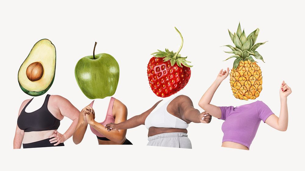 Fruit head people, health, wellness remixed media psd