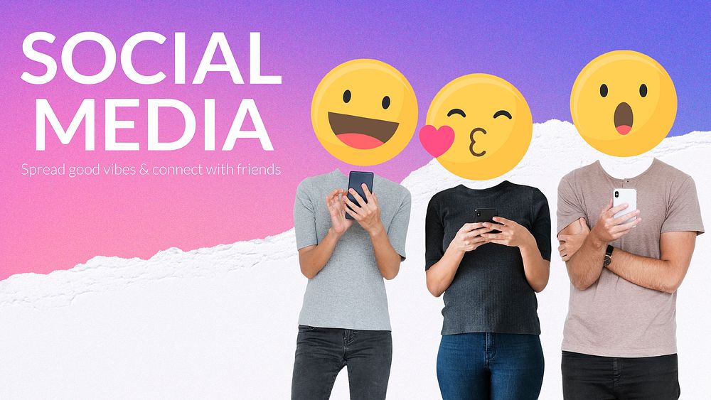 Social media lovers template, emoticon heads banner vector