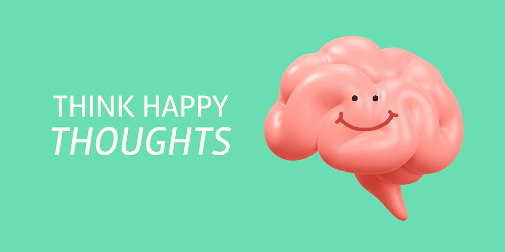 Happy thoughts Twitter post template, smiling brain 3D illustration vector