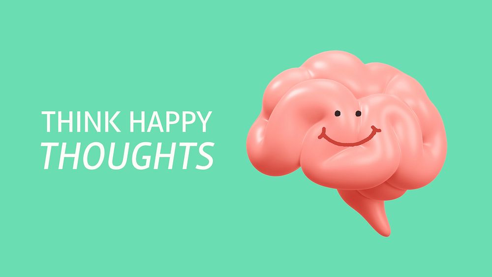 Think happy thoughts banner template, smiling brain 3D illustration vector