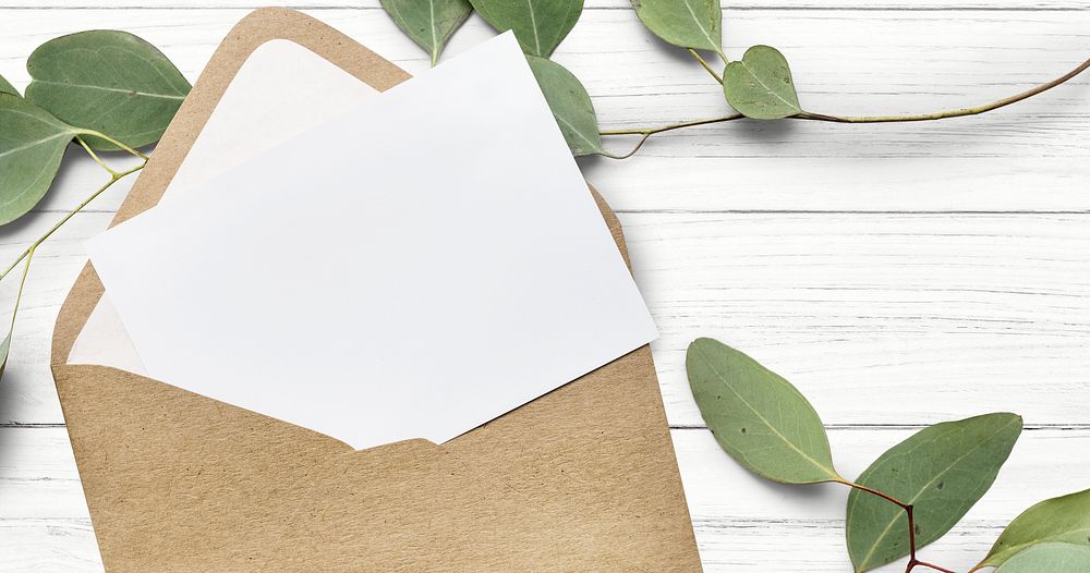 White card mockup in a brown envelope website banner template