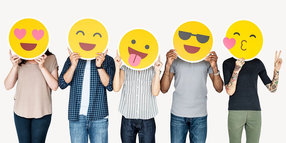 Diverse people holding emoticon signs isolated image psd