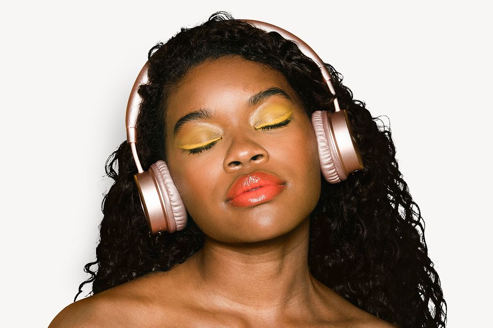 Woman listening to music isolated image psd