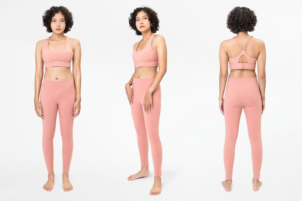 Woman mockup psd in pink sports bra and leggings sportswear fashion set