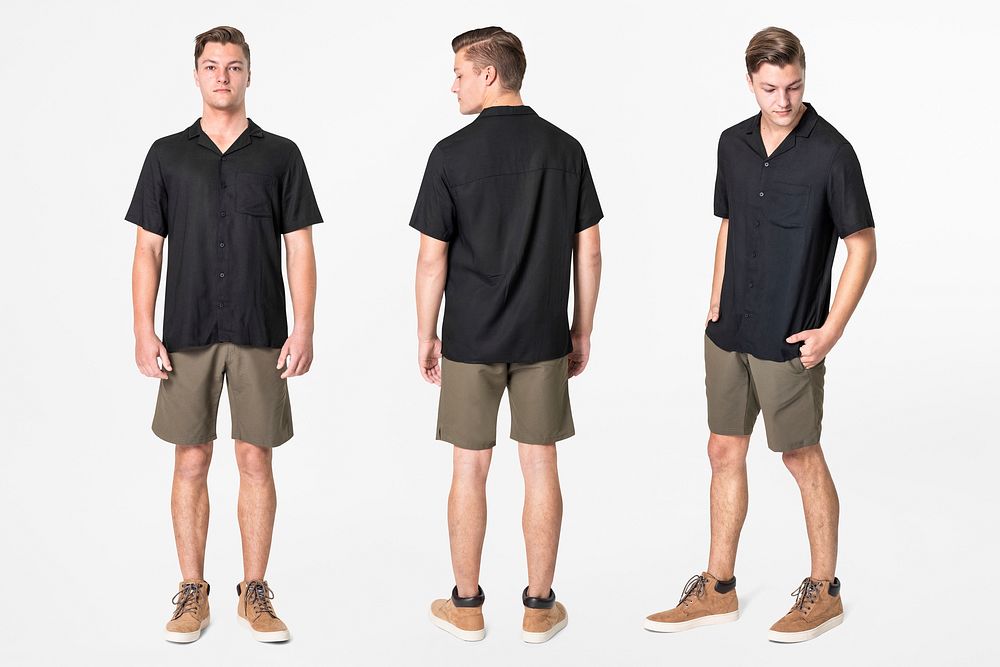 Man mockup psd wearing shirt and shorts men&rsquo;s basic wear full body in different angles