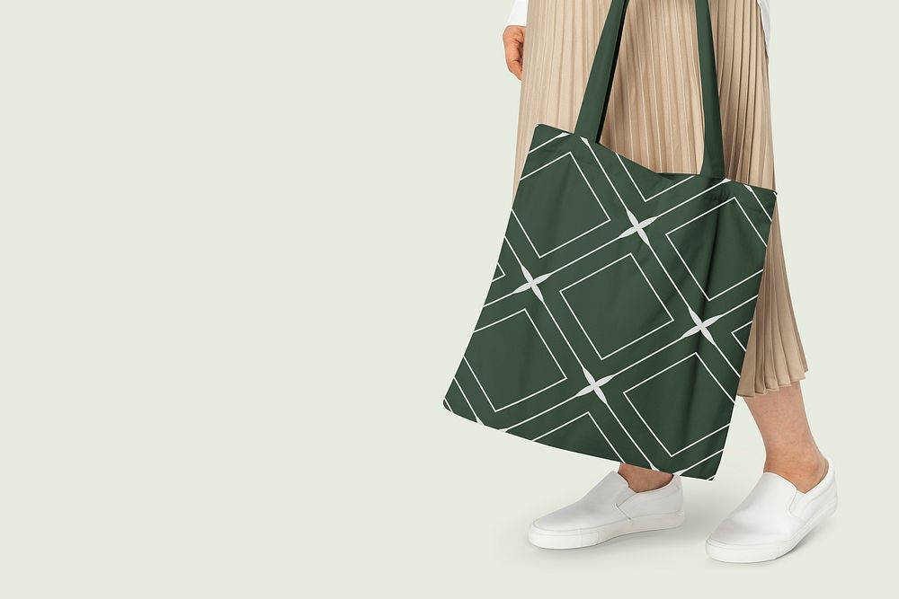 Green tote bag with rhombus pattern basic apparel shoot