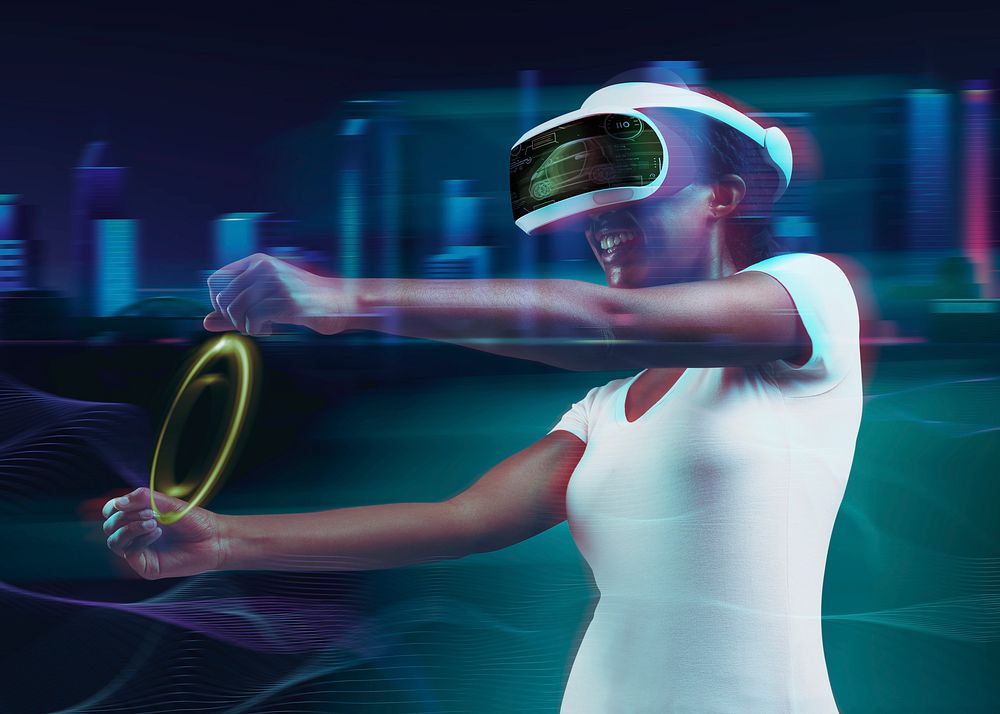 African American woman experiencing metaverse, playing a virtual video game