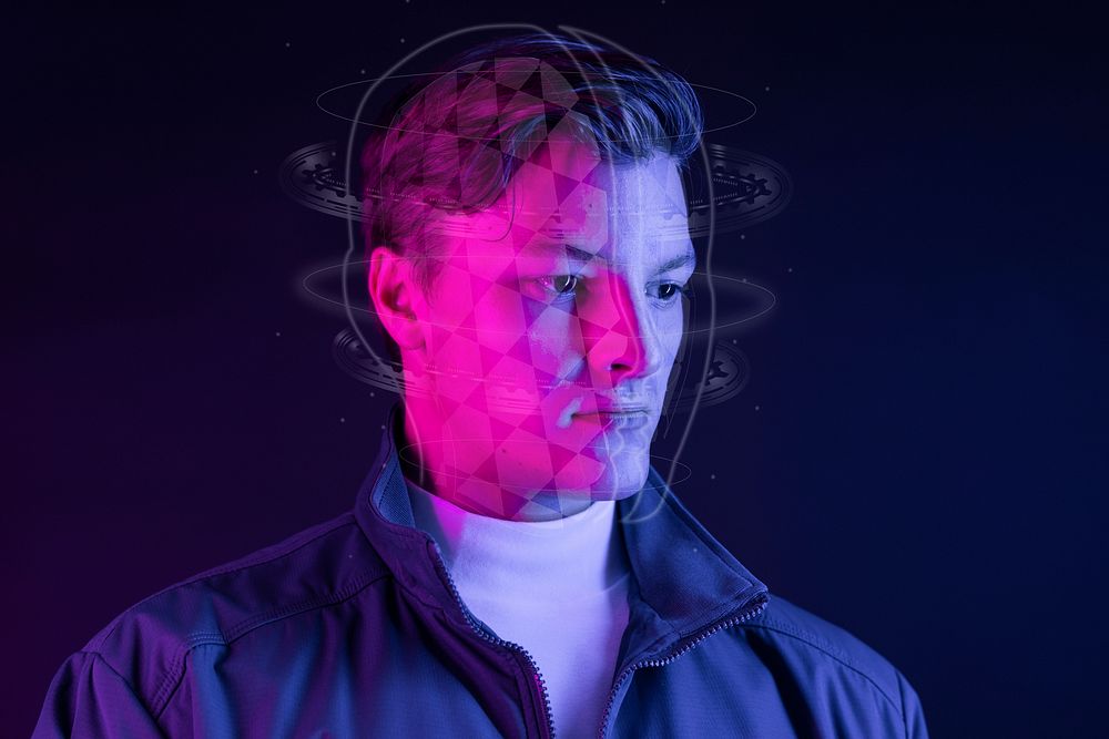 Handsome man with neon hologram glitch effect