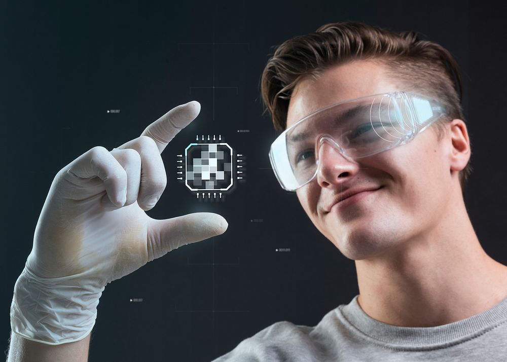 Businessman holding hologram microchip smart technology