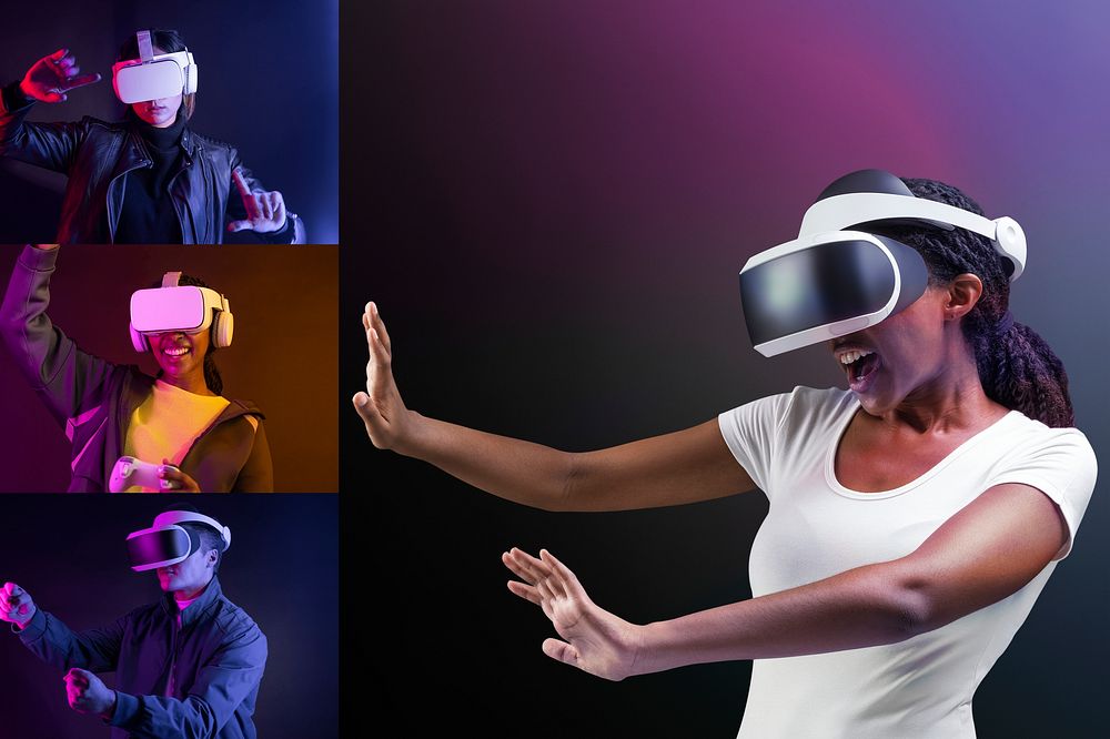 Diverse people with virtual reality headset playing a virtual video game