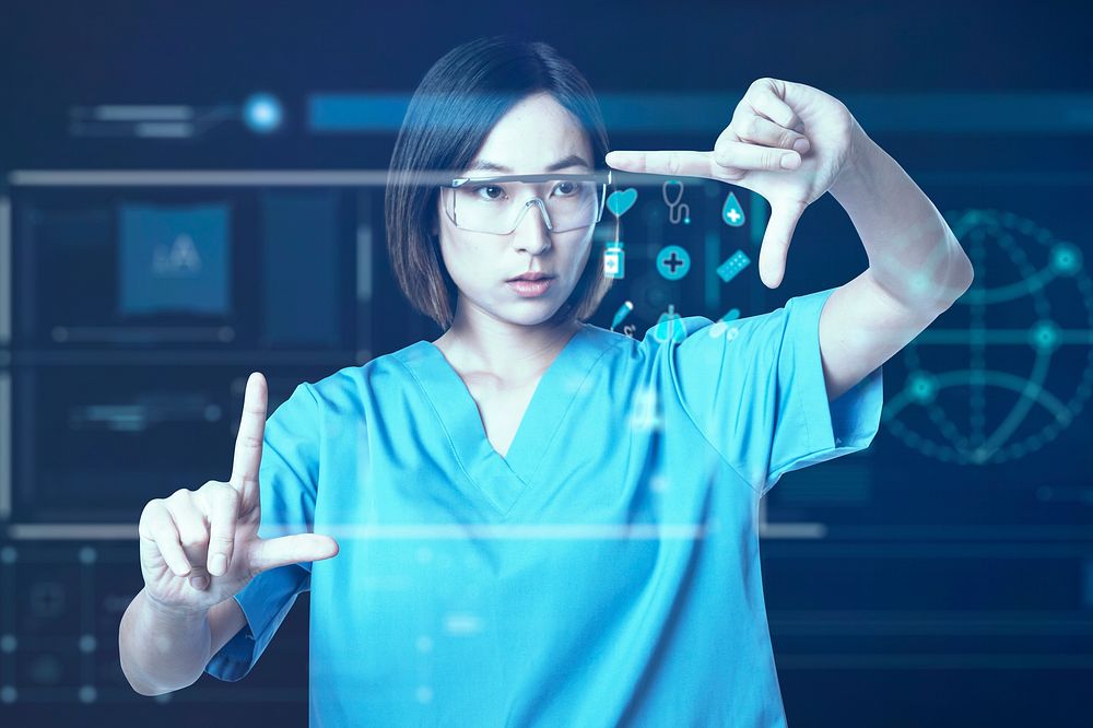 Medical worker in medical uniform working in virtual screen