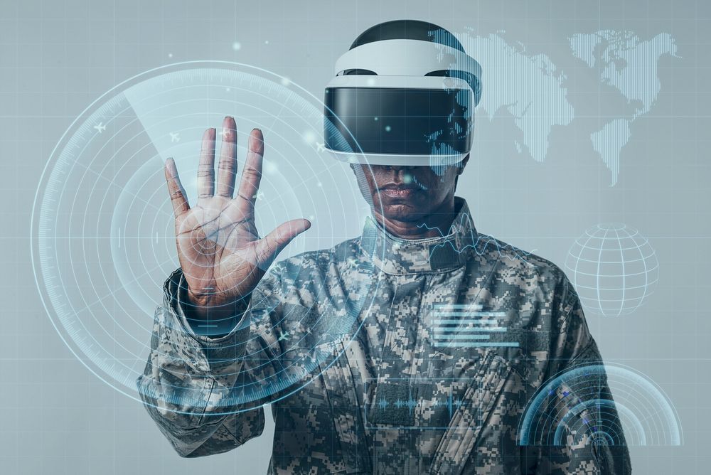 Female soldier using futuristic virtual screen army technology