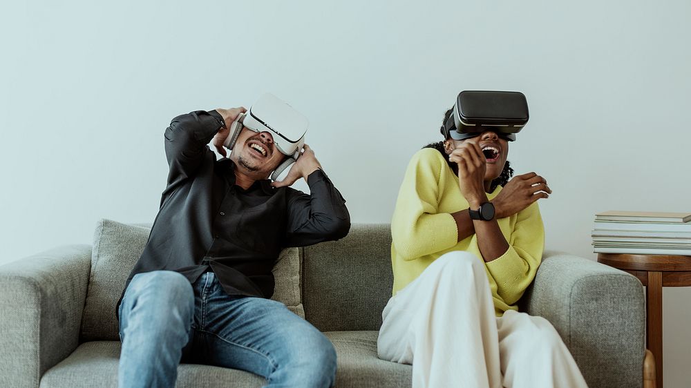 Couple experiencing VR simulation entertainment technology
