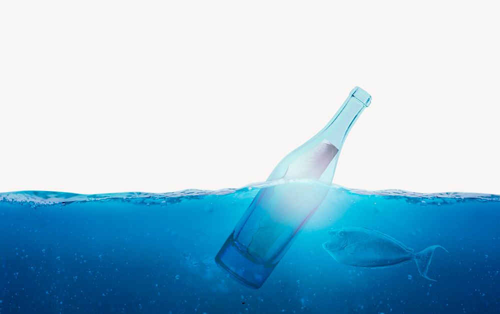 Bottle in ocean image on white background