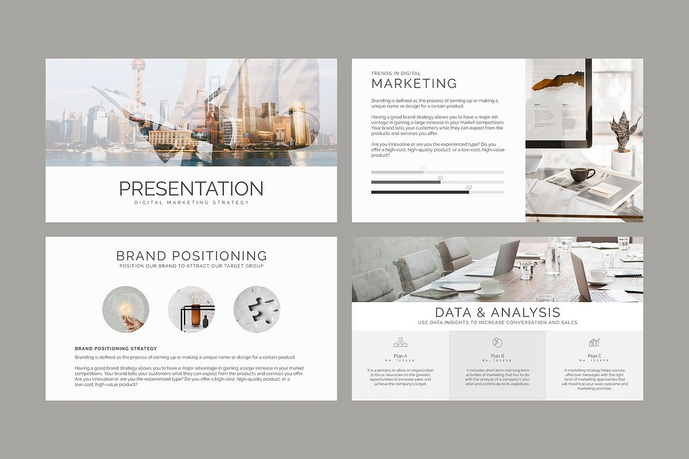 Simple marketing report vector presentation editable template set