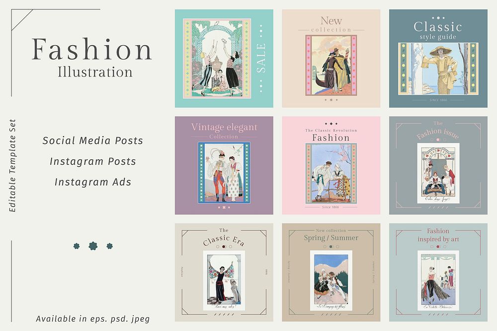 Editable social post templates vector in vintage fashion style, remix from artworks by George Barbier