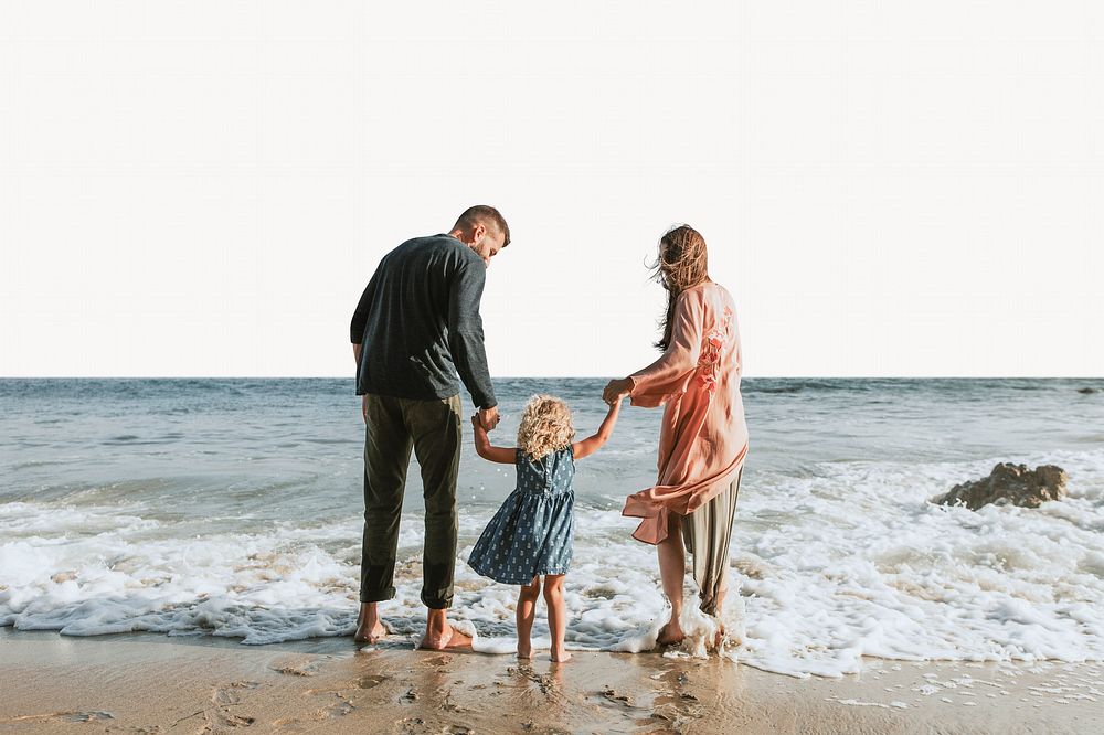 Happy family by the beach photo on white background
