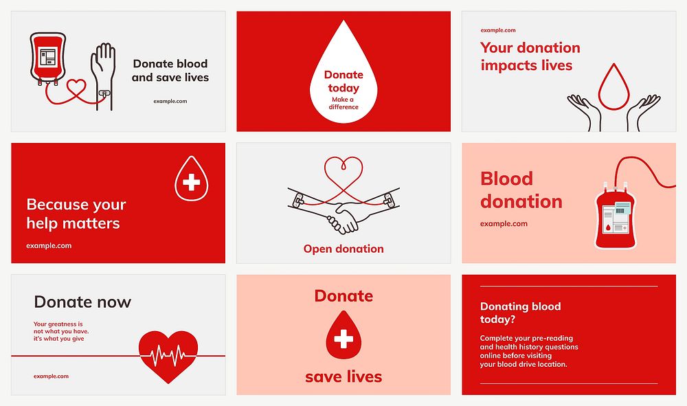 Blood donation campaign template vector ad banner in minimal style set