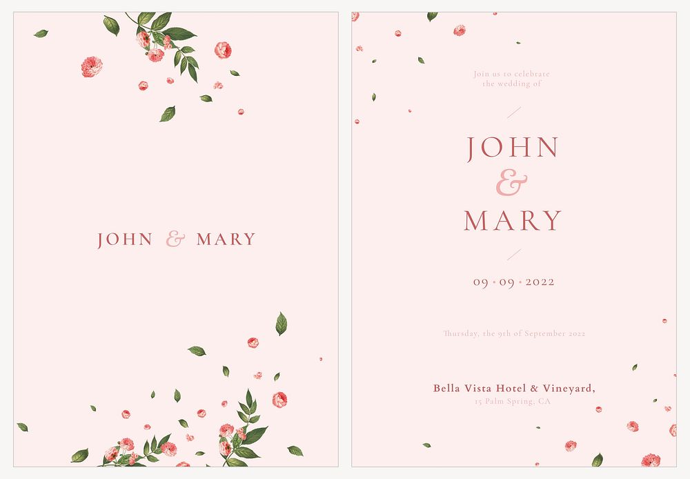 Wedding invitation card template vector with flower pattern set