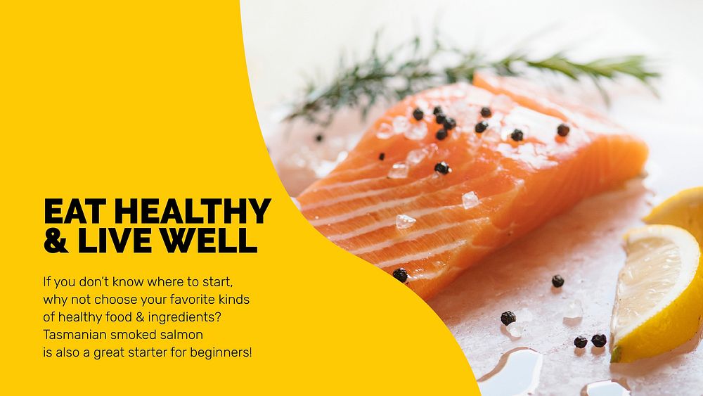 Healthy food template vector with fresh salmon marketing lifestyle presentation in abstract memphis design