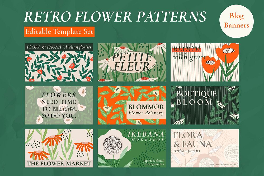 Retro flower patterns vector template set for blog banners