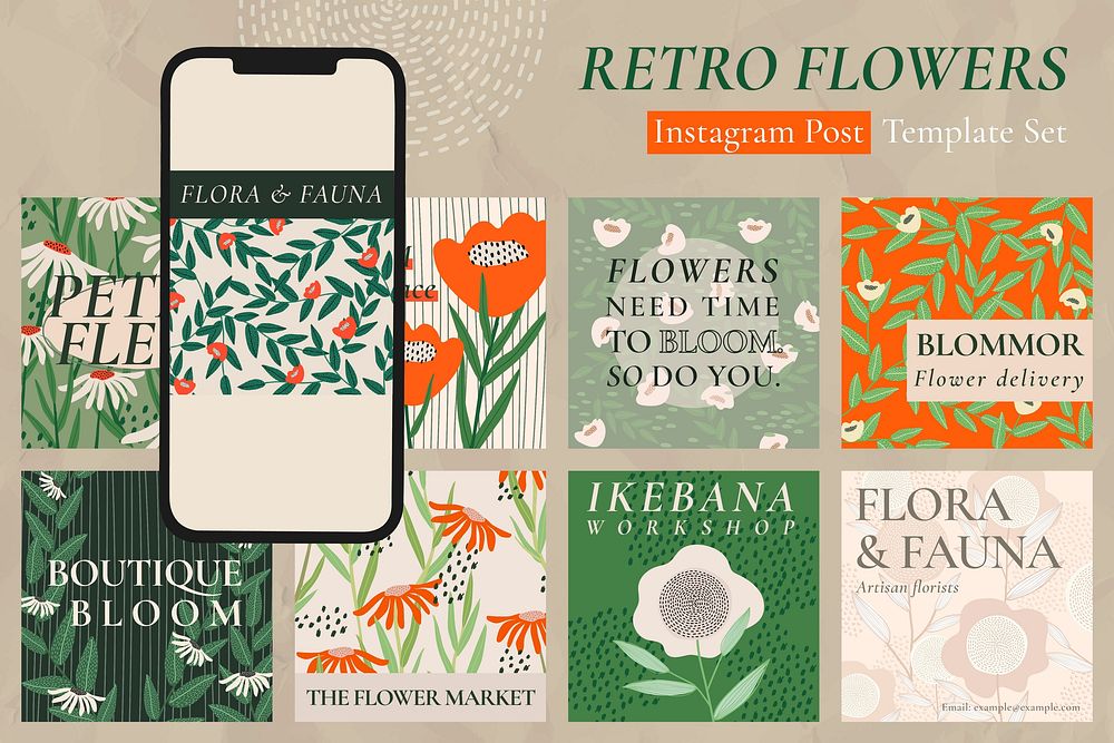 Retro flowers post template vector set for social media