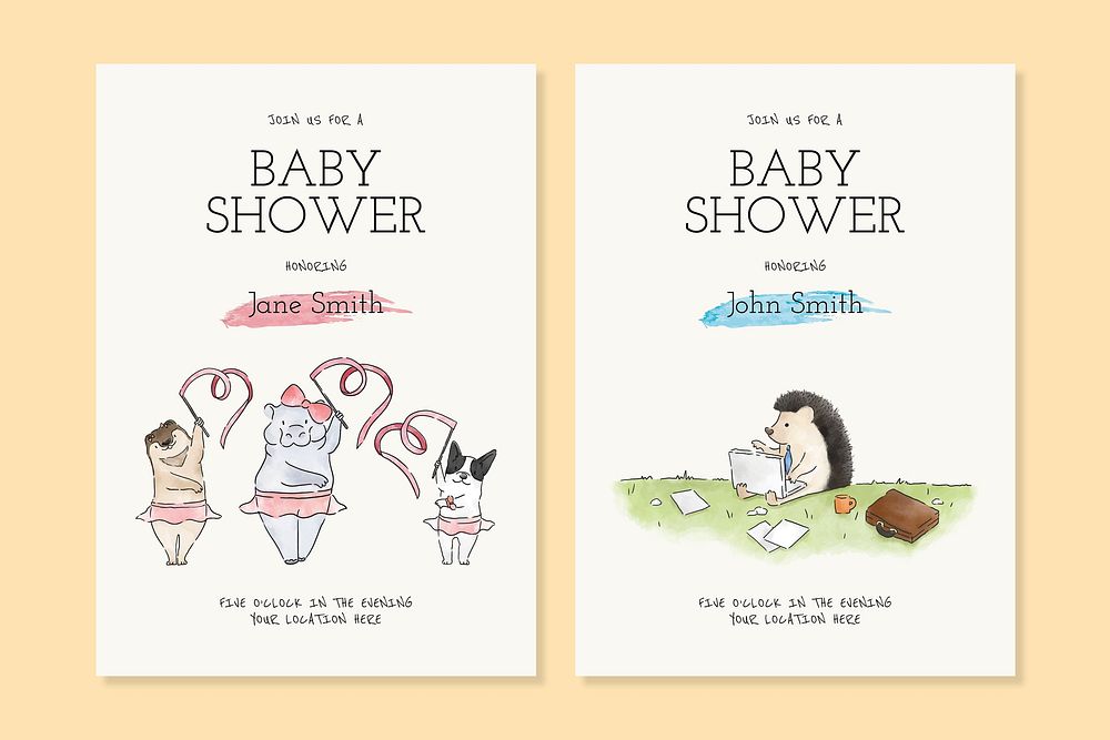 Cute animal cartoon baby shower invitation card templates vector
