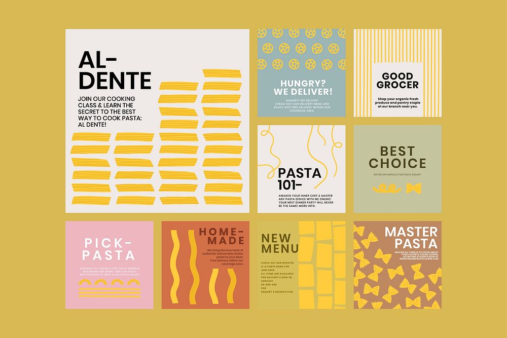 Cute pasta doodle template vector for food social media post set
