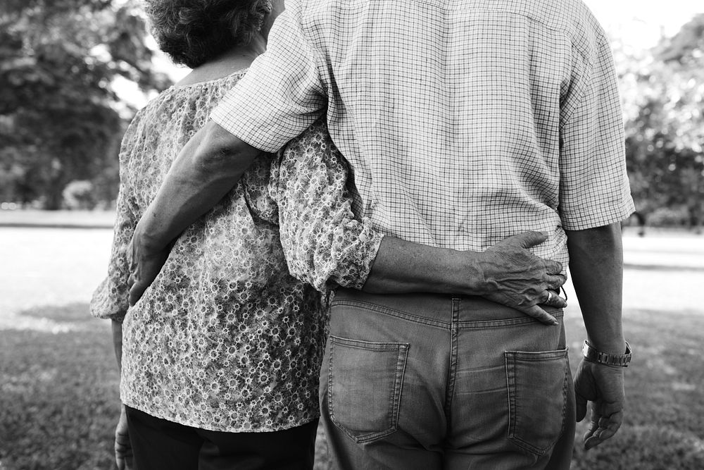 Senior couple back view, retirement life, black and white photo