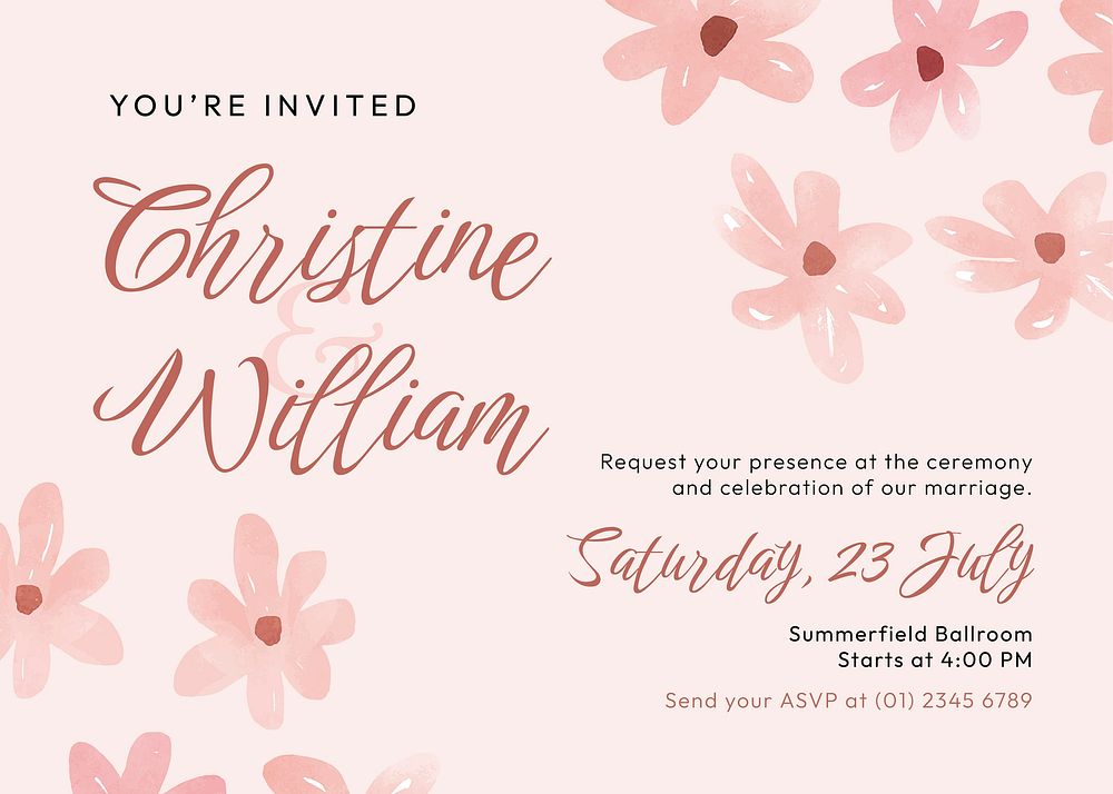 Floral wedding invitation card template, pink Spring aesthetic landscape design vector