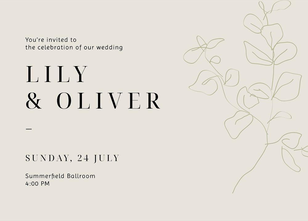 Minimal wedding Invitation card template, line art landscape design psd