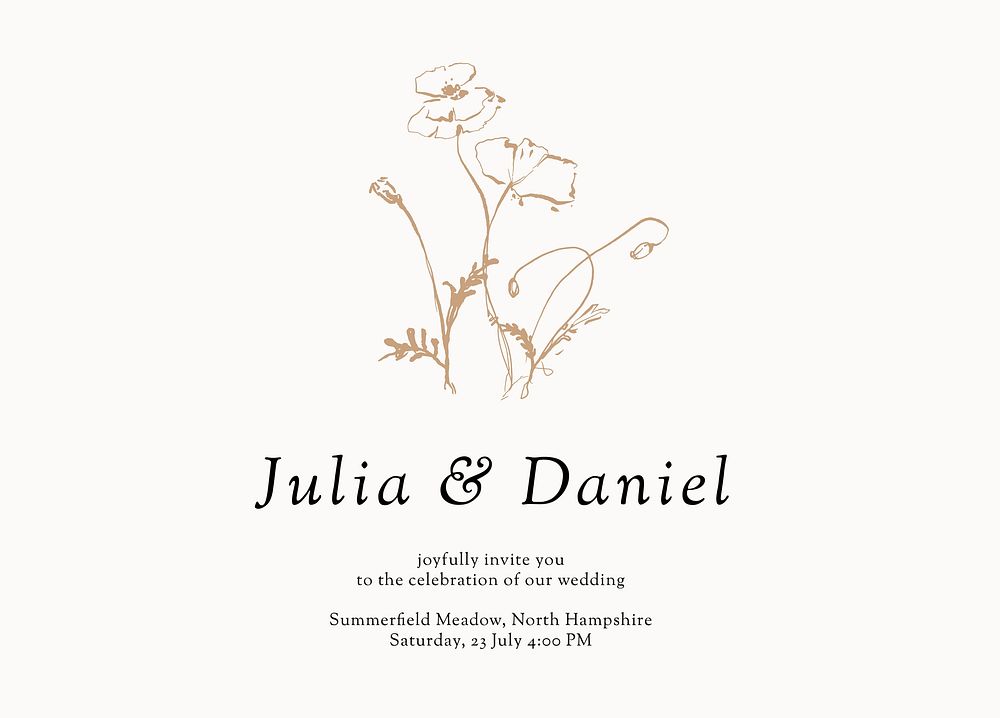 Flower wedding invitation card template, minimal aesthetic landscape design vector