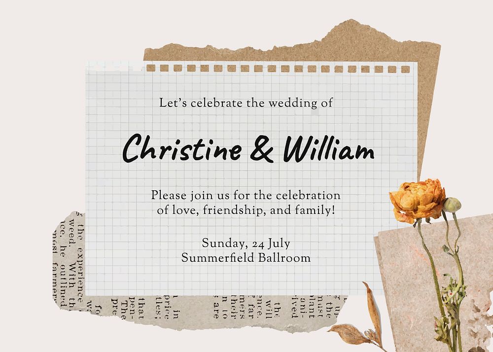 Autumn wedding Invitation card template, aesthetic paper collage psd