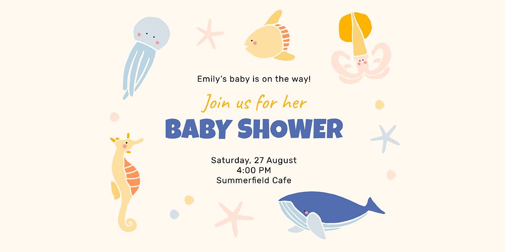 Baby shower celebration template, cute sea animals Twitter ad vector
