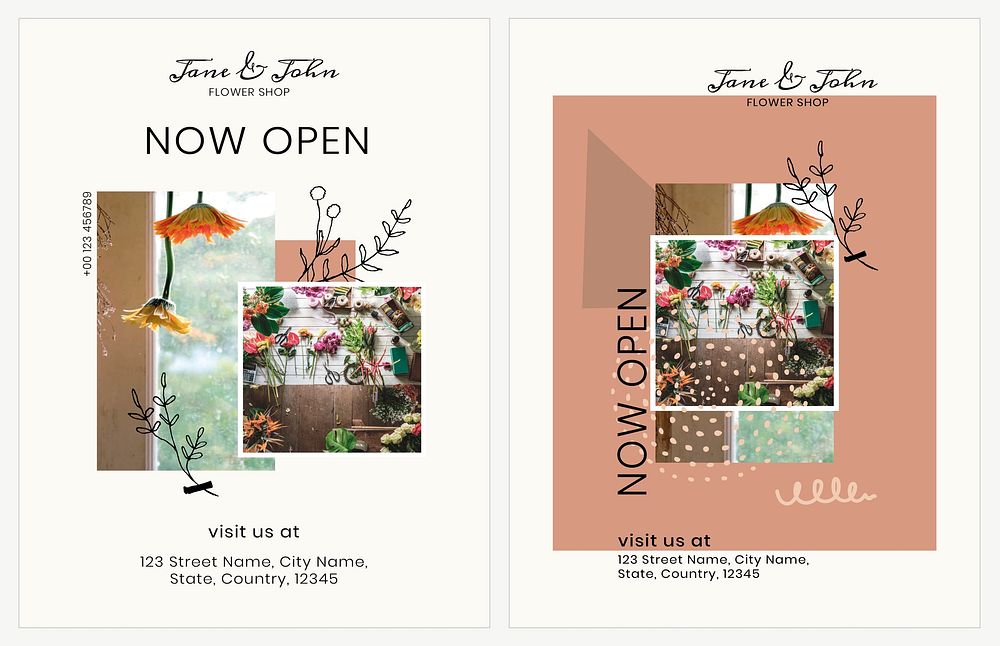 Invitation card template vector for new open flower shop set