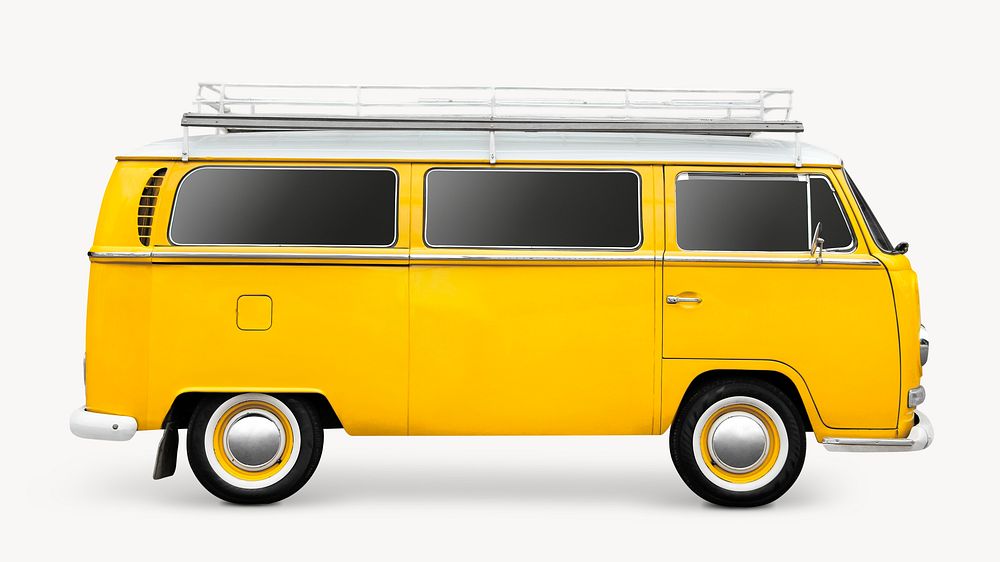 Yellow minivan, retro vehicle isolated image