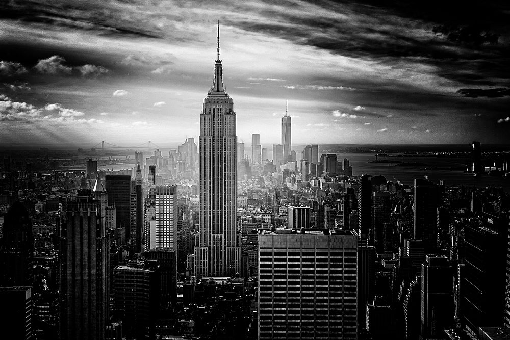 Black and white photo of the Empire State Building and downtown New York City skyline. Original public domain image from…