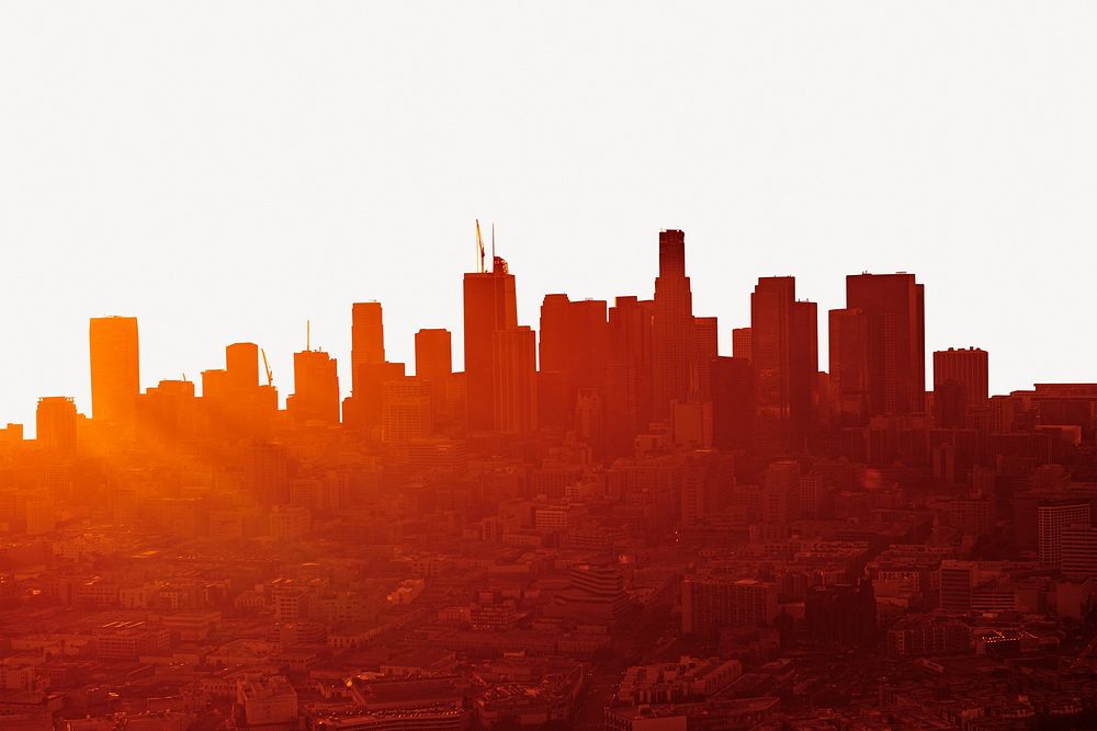 Sunset cityscape collage element, off white design psd