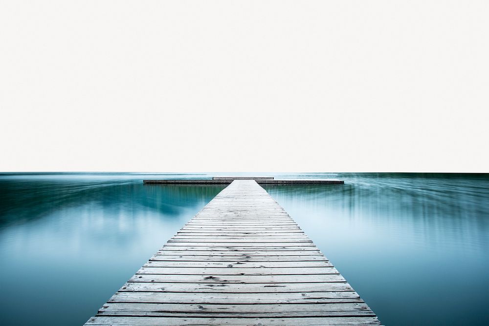 Wooden pier border background, lake view, off white design psd