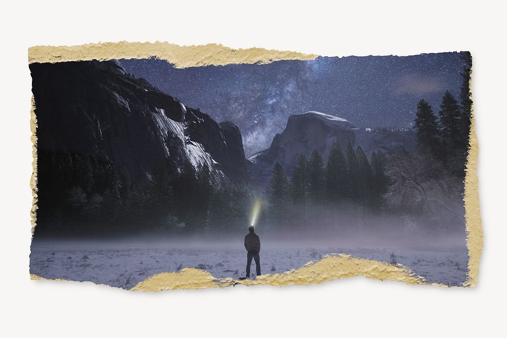 Man in snow mountain, ripped paper, travel image