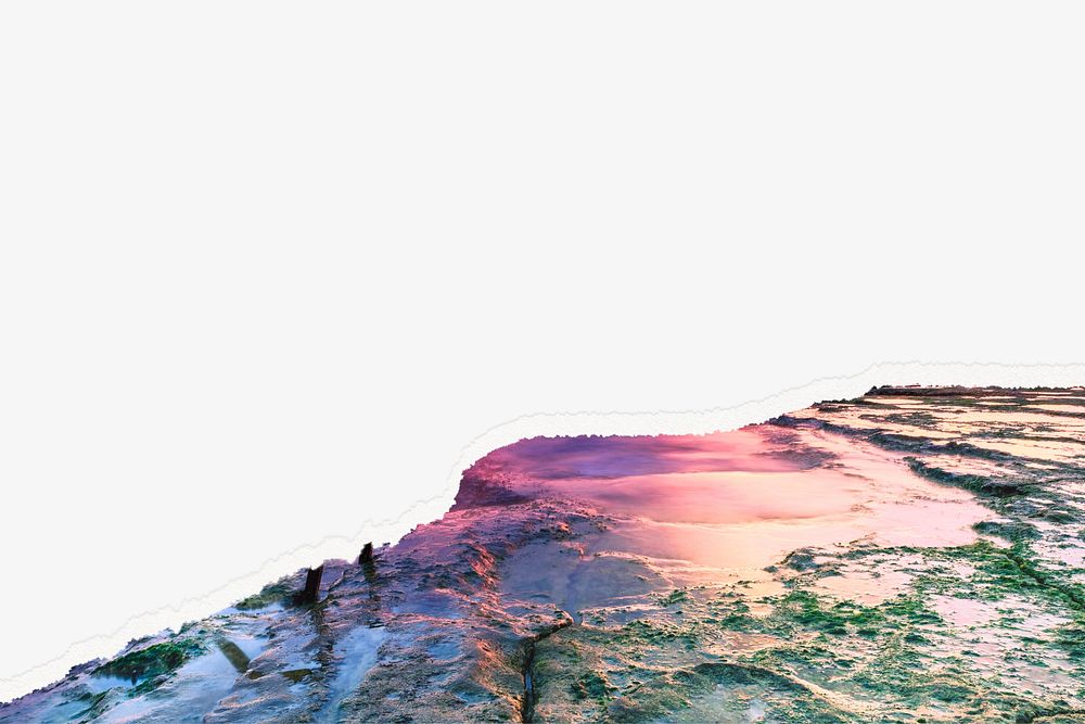 Aesthetic cliff background, ripped paper, pastel sky reflection border