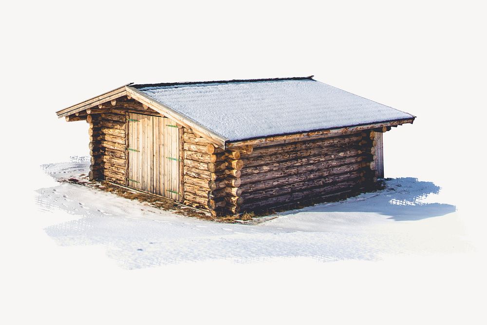 Wooden house covered in snow collage element psd