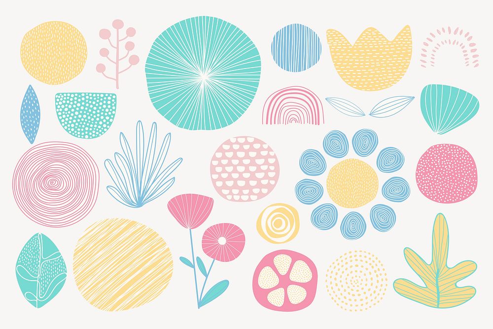 Pastel nature collage element set, abstract design psd