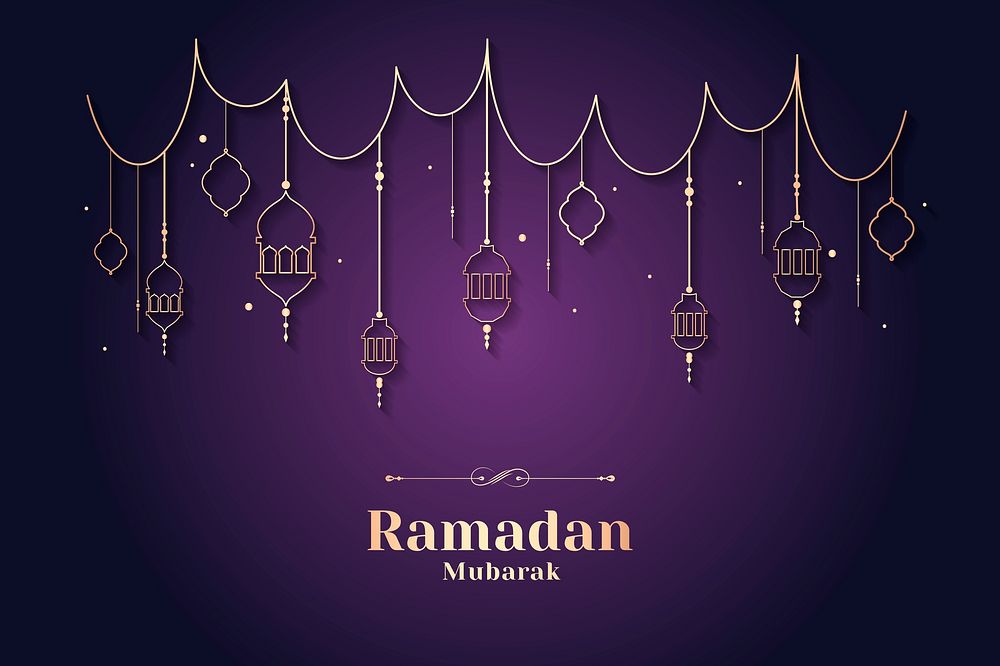 Purple Ramadan Mubarak psd Eid festivals background with gold lanterns
