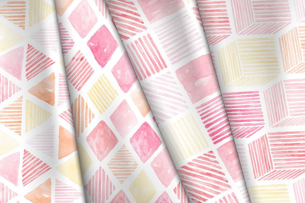 Pink watercolor geometric seamless patterned background vector set