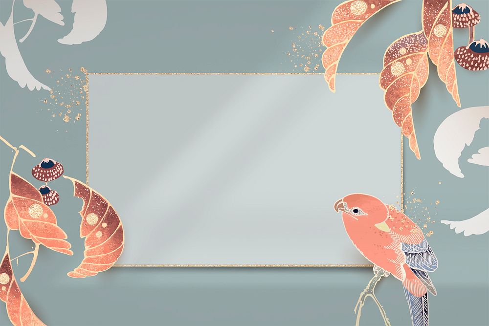 Gold frame with a parrot and leaf motifs on a teal background vector
