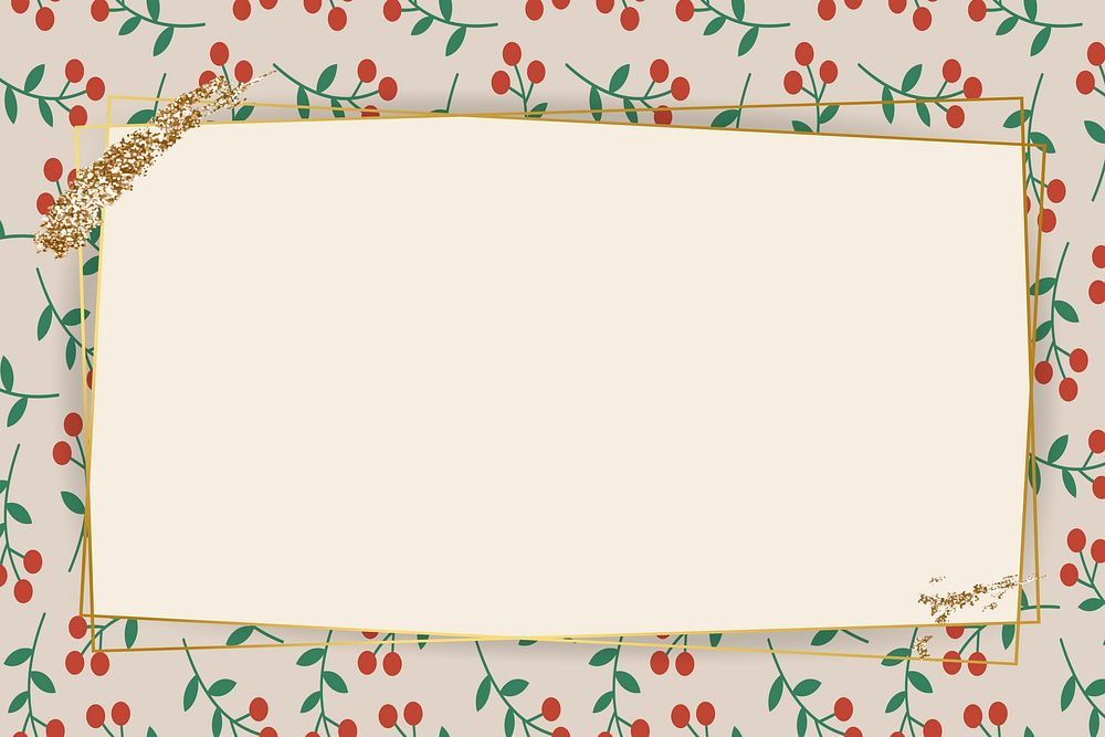 Gold frame on red berry pattern background vector