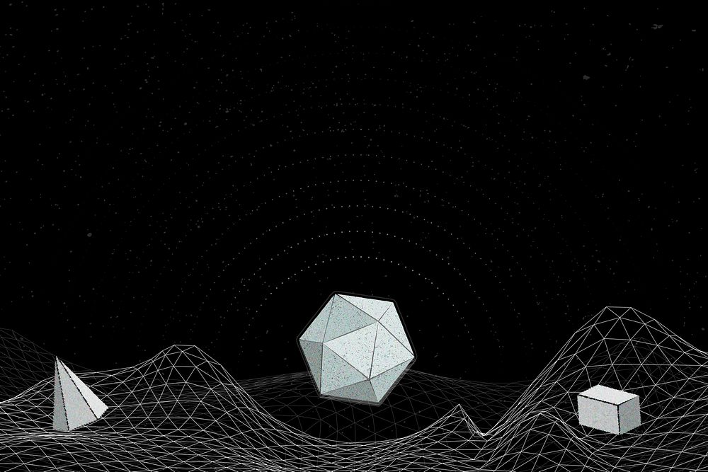 Gray geometric shapes on a wireframe wave background