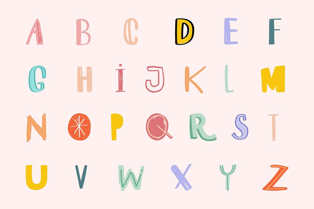 Alphabet doodle font pastel typography set